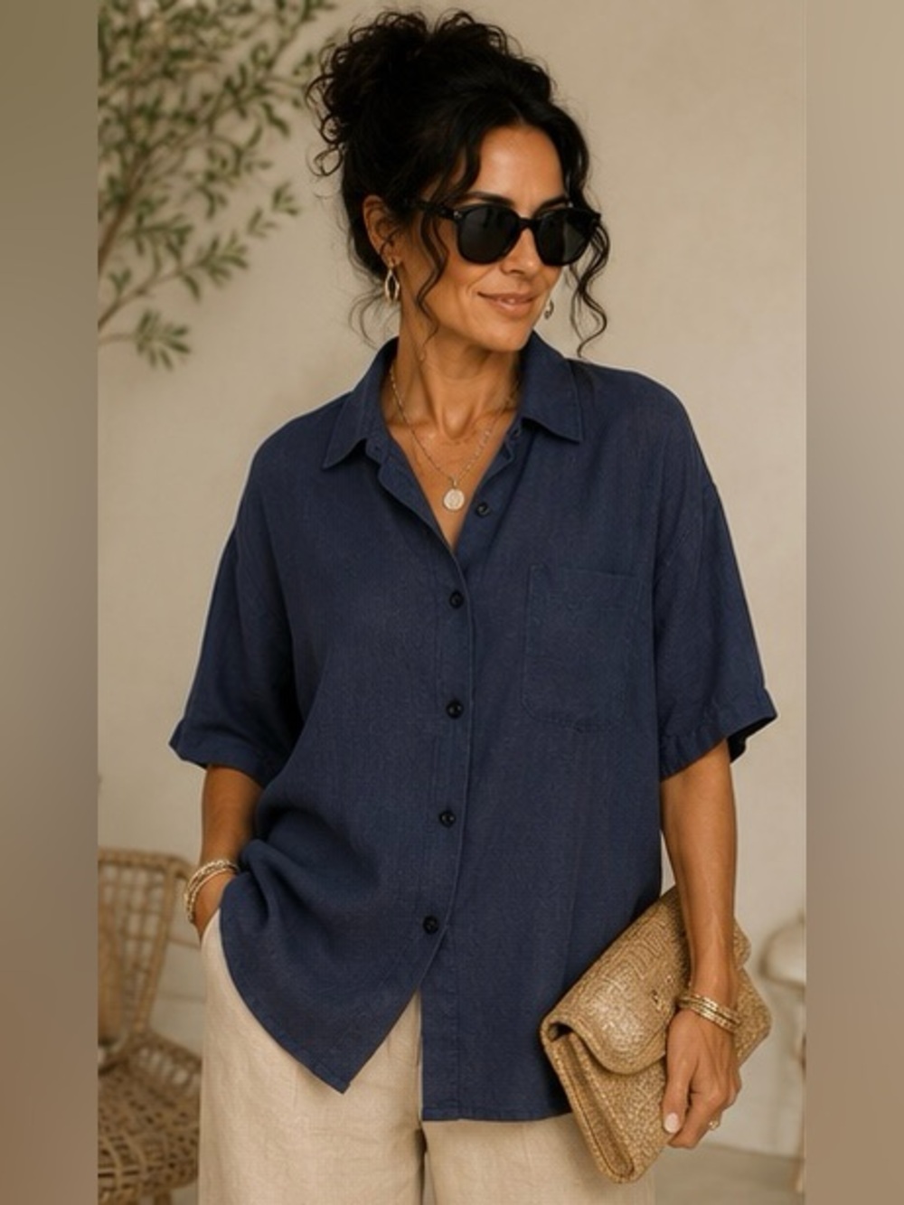 FLAX Jeanne Engelhart 100% Linen Navy Oversized Button Front Shirt Medium